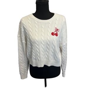 Arden B White Cropped Soft Sweater with Pretty Red Cherry Detail Size S